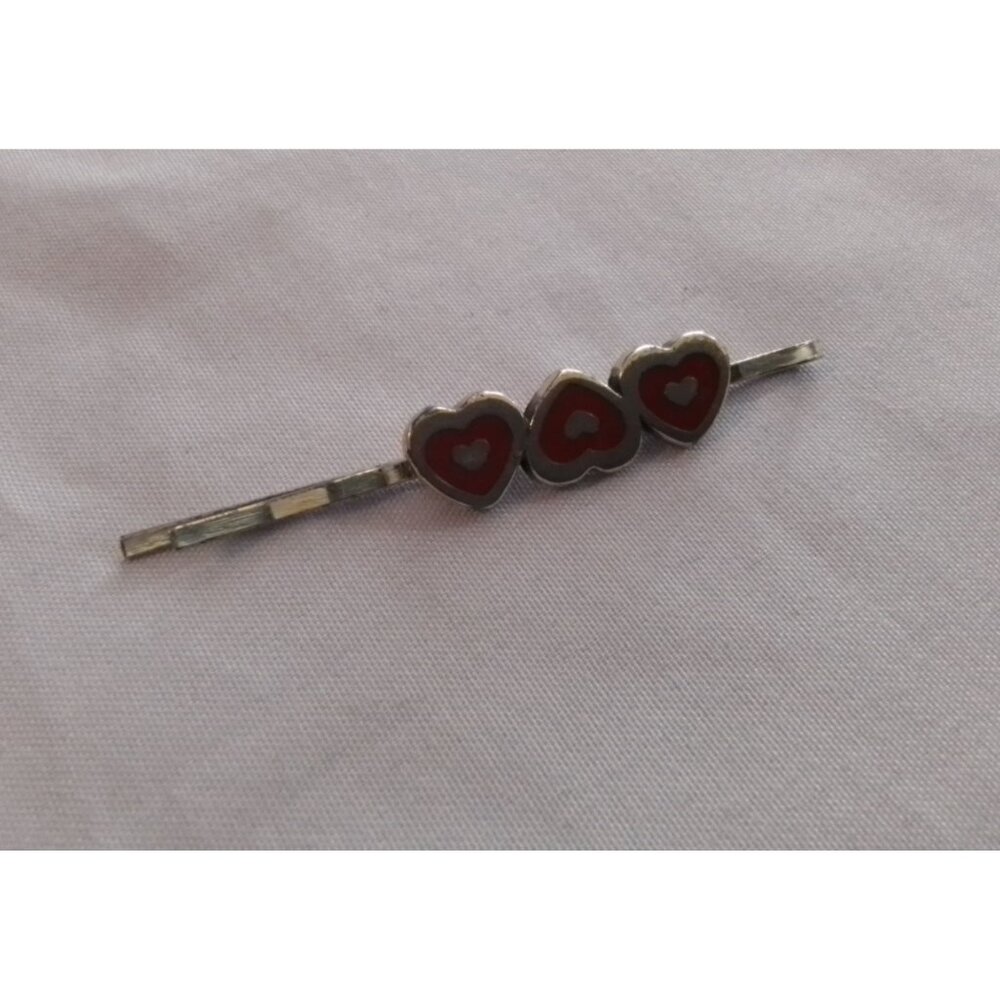 Vintage Heart-Shaped Red & Silver Hair Clip Bobby Pin With Triple Heart Design